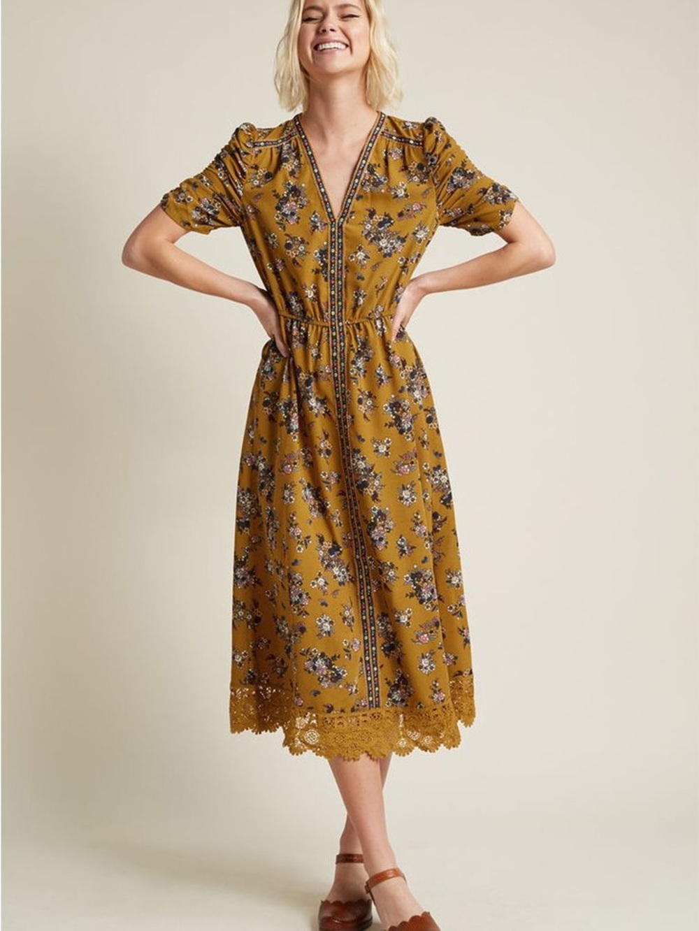 Moon River Mustard Floral Midi Dress with V-Neck and Lace Trim